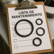 Vista cenital de una carpeta con lista de mantenimiento y muestras de juntas de goma, de fondo sistemas HVAC.