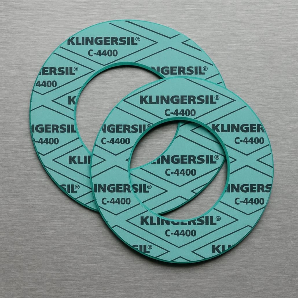 Juntas Klingersil® C-4400 sobre superficie de acero inoxidable, vista superior.